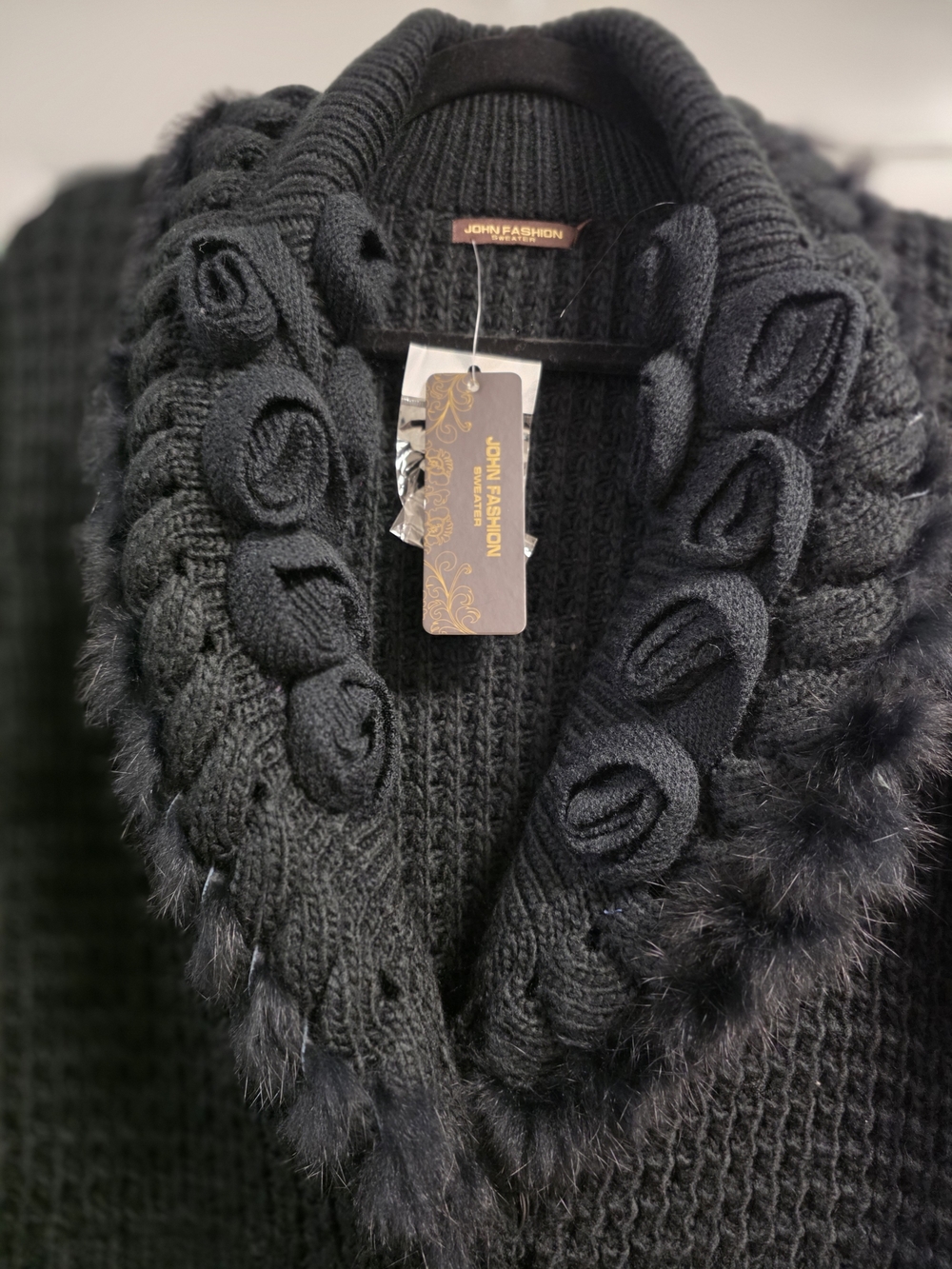 🖤🥀✨ Black Chunky Knit Cottagecore Cardigan Sweater Rosette Collar Faux Fur - Picture 3 of 12